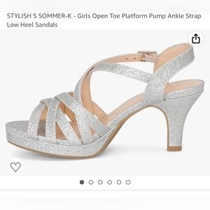 Kids, silver glitter strap low heel sandals